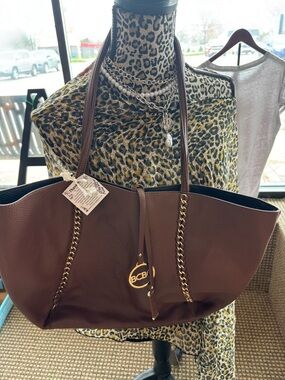 BCBG Chocolate Brown Leather Tote with Gold Chain Trim